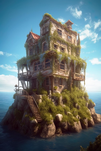 Casa d'epoca sullo scenario dell'isola di mare della vecchia casa surreale AI generativa