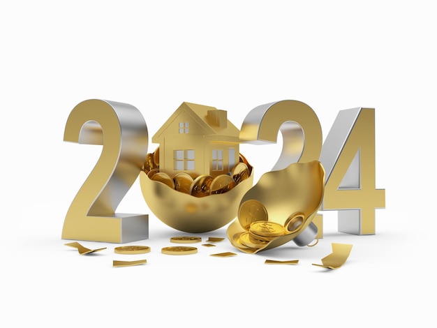 Casa d'oro con monete e il numero 2024