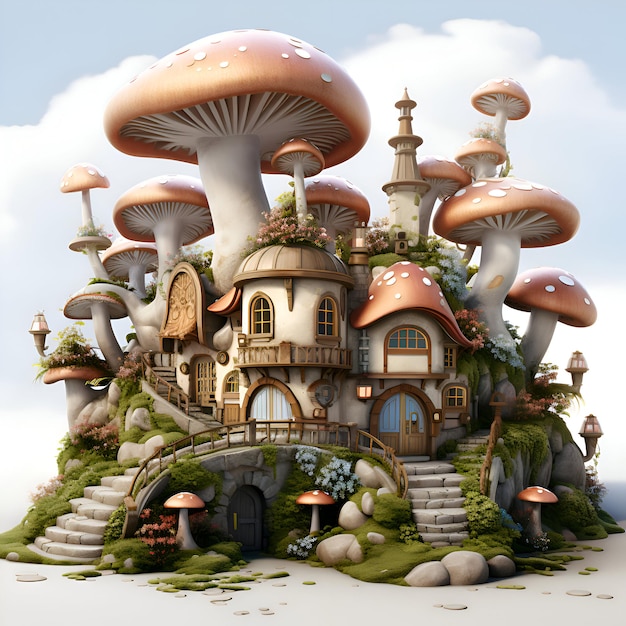 Casa da favola fantasy fatta di funghi rendering 3D