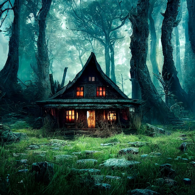 Casa da favola in una foresta tenebrosa