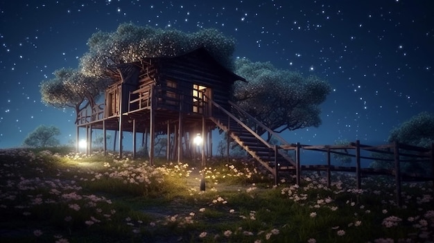 Casa da favola su un albero con il tetto intrecciato