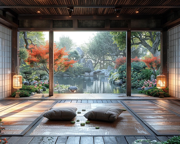 Casa da tè tradizionale con architettura in legno e vista tranquilla sul giardino