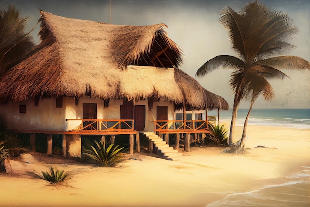 Casa dal tetto di paglia con vista sulla spiaggia circondata da palme e sabbia calda