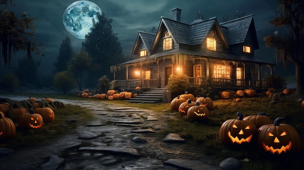 Casa decorata per Halloween di notte AI generativa