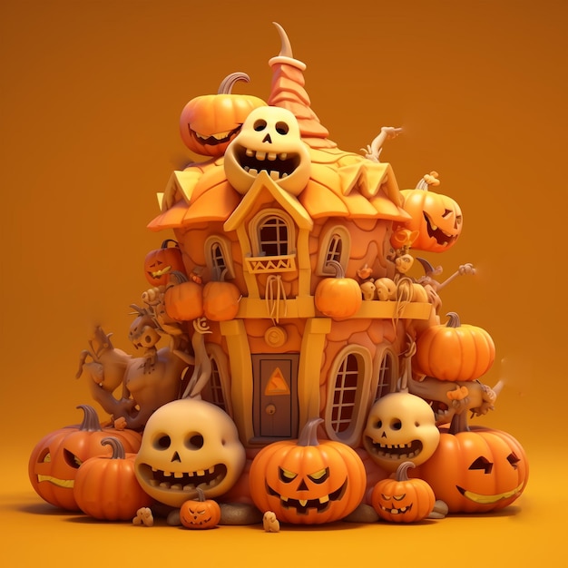 Casa degli orrori con zucche Illustrazione di Halloween IA generativa