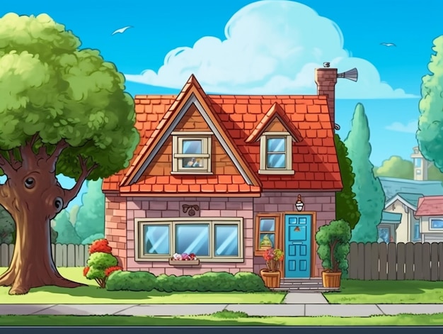 Casa dei cartoni animati con un albero e una recinzione nel cortile anteriore