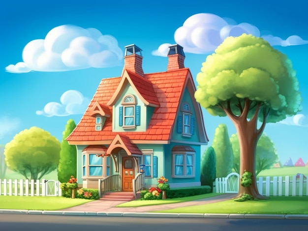 Casa dei cartoni animati con un tetto rosso e una recinzione bianca