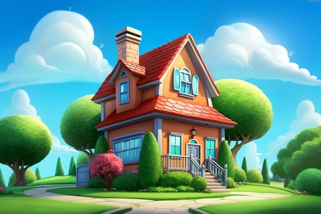 Casa dei cartoni animati in mezzo a un campo verde con alberi generativi ai