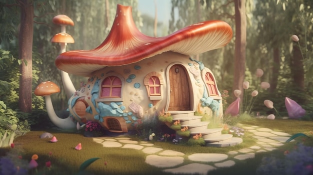 Casa dei funghi fata Foresta estiva Bosco con casa dei cartoni animati e luce solare