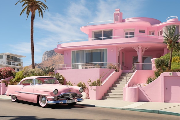 casa dei sogni rosa con un'auto rosa parcheggiata davanti nello stile dei set cinematografici