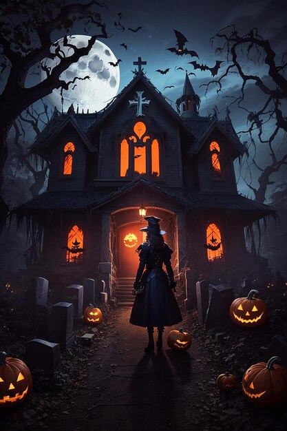 Casa dell'orrore con illuminazione horror schermo di halloween mezzanotte luna zucca con una casa dell'orrore b