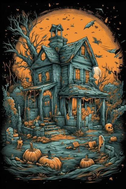 Casa dell'orrore dei cartoni animati con zucche di Halloween