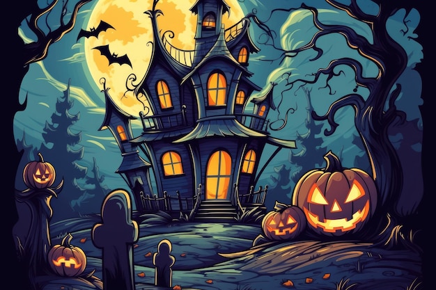 casa dell'orrore di halloween e illustrazione spaventosa del fumetto del fondo della zucca