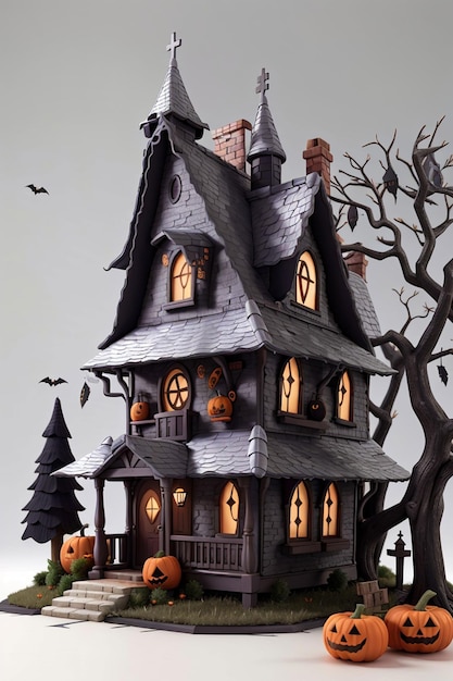 Casa della strega di Halloween 3D su sfondo bianco