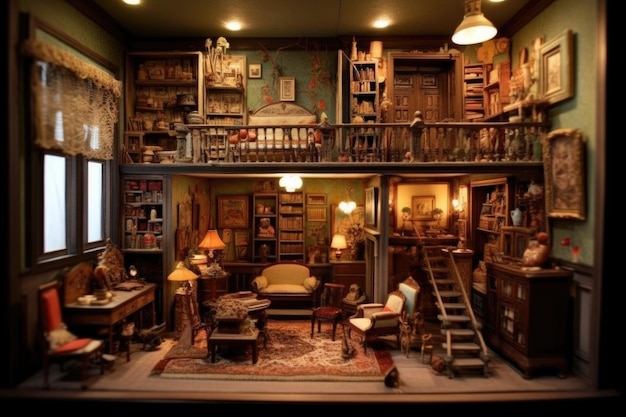 Casa delle bambole vintage con mobili in miniatura dettagliati creati con intelligenza artificiale generativa