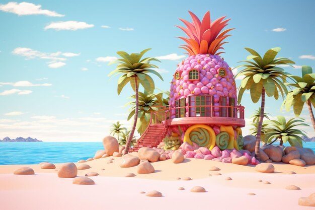 Casa di ananas sulla spiaggia illustrazione 3D vibrazioni estive