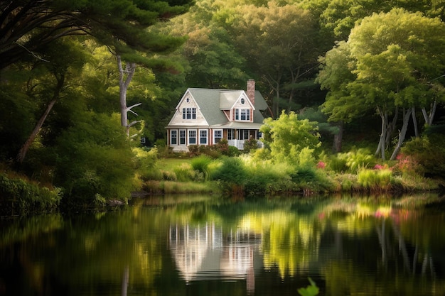 Casa di Cape Cod circondata da una vegetazione lussureggiante sulla riva di un tranquillo lago creato con l'IA generativa