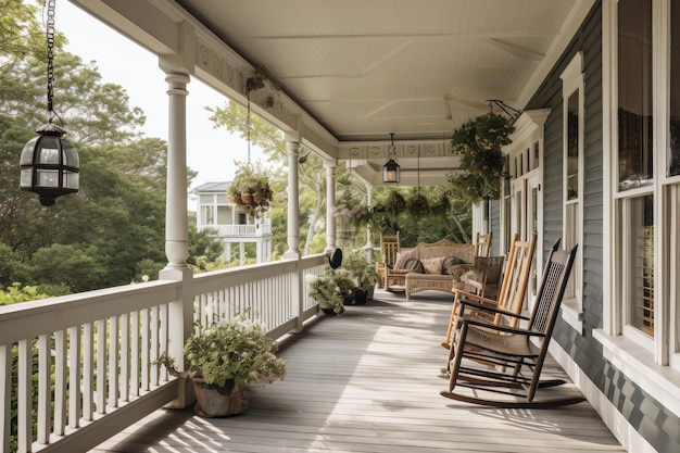 Casa di Cape Cod con sedie a dondolo avvolgenti e lanterne sospese