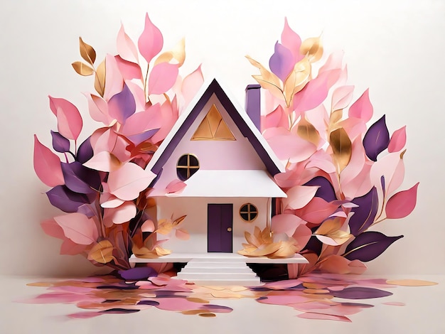 Casa di cartone con foglie uniche