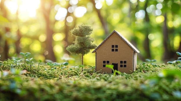 Casa di cartone e albero su un pavimento boschivo di muschio sfondo naturale luminoso che simboleggia la vita ecologica IA generativa