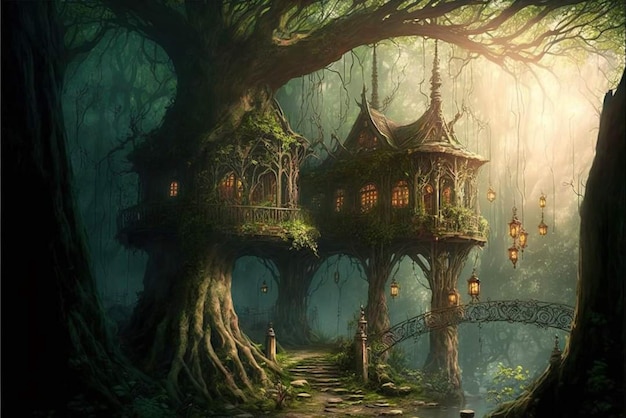 Casa di fantasia nella carta da parati della foresta