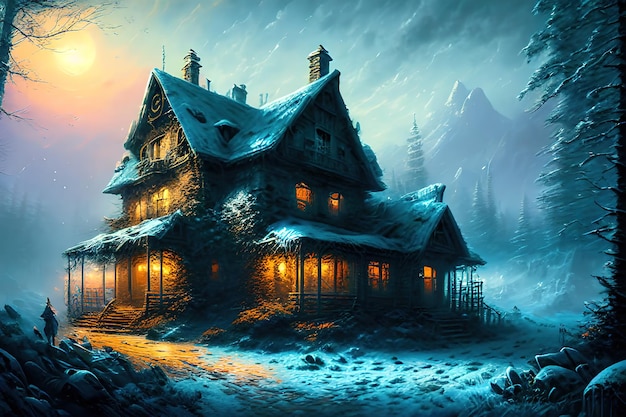 Casa di fantasia nella vecchia baracca di pietra della foresta di inverno