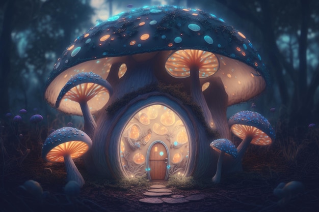 Casa di funghi magici fantasy nella foresta Illustrazione dell'IA generativa