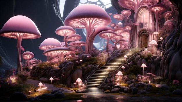 Casa di funghi rosa chiaro al neon con scala