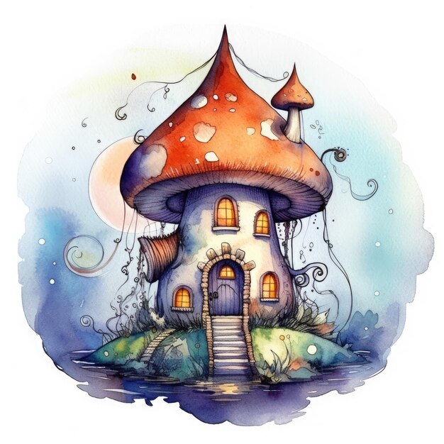 casa di funghi tatuaggio acquerello disegno mistico poster arte carta da parati illustrazione libro magico