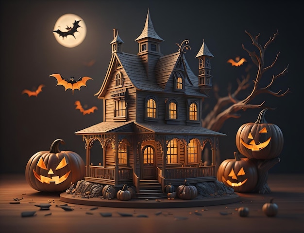 Casa di Halloween con zucche e luna piena