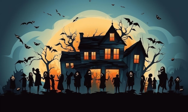 casa di Halloween e folle con fantasmi davanti