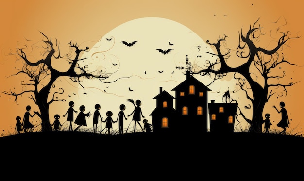 casa di Halloween e folle con fantasmi davanti