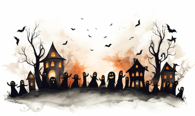 casa di Halloween e folle con fantasmi davanti