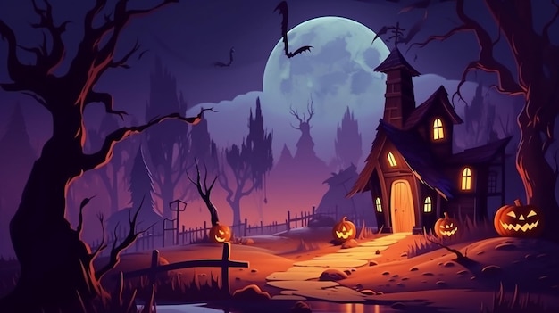 Casa di Halloween in un cimitero con zucche a terra
