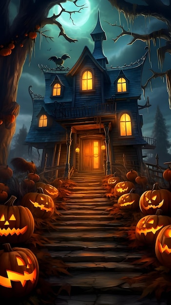 Casa di Halloween nel bosco con zucche sul davanti