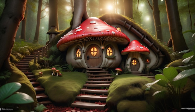 Casa di hobbit a forma di fungo nella foresta circondata da grandi alberi