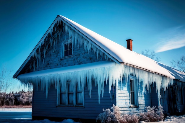 Casa di legno blu con ghiacciolo sulla casa che pende dal tetto