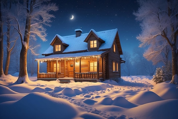 Casa di legno con una luce nella finestra Paesaggio notturno in inverno