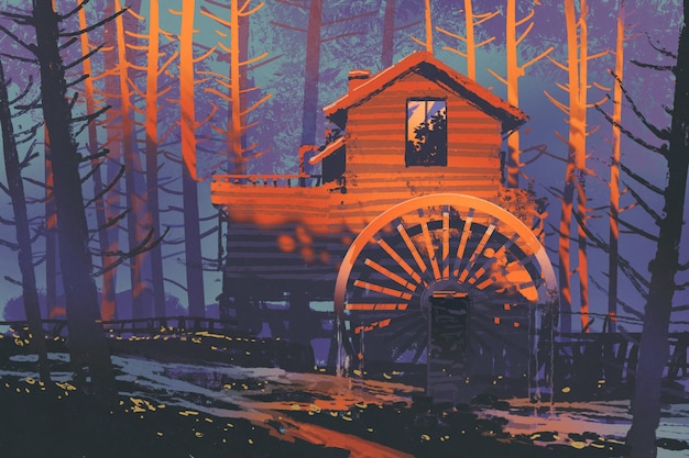 casa di legno con una ruota idraulica nella foresta al tramonto, pittura illustrativa