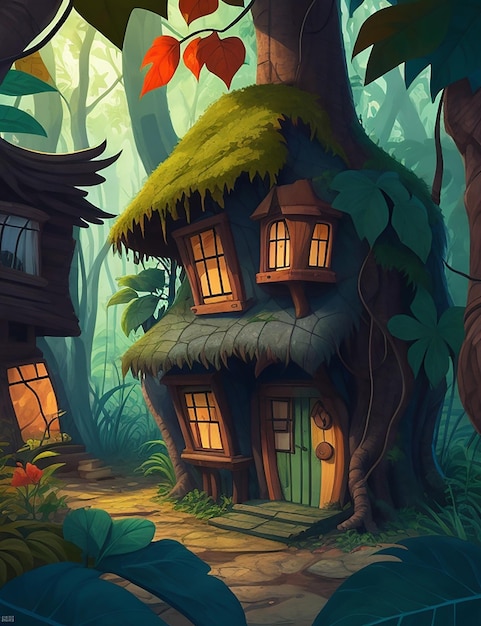 Casa di legno dei cartoni animati nella giungla con gli alberi