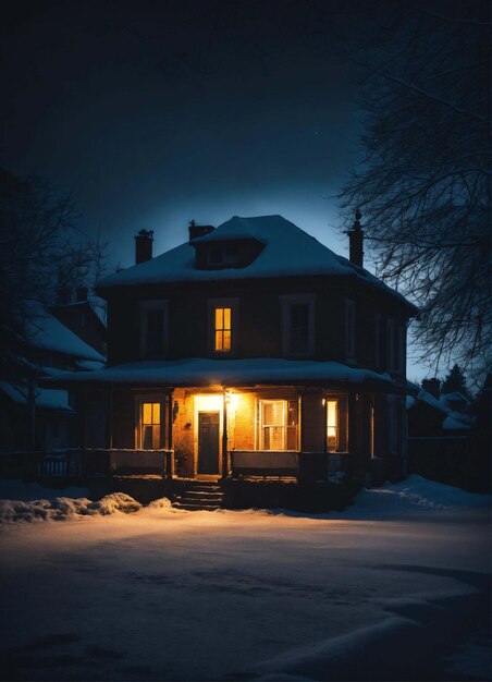 casa di legno lussuosa villa di legno coperta di neve nel parco invernale al tramonto