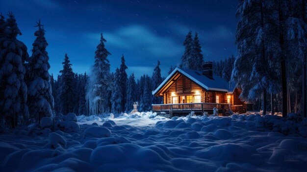 Casa di legno nella foresta invernale di notte