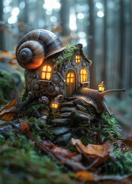 Casa di lumache nella foresta Una lumacha gigante che porta una piccola casa sulla schiena