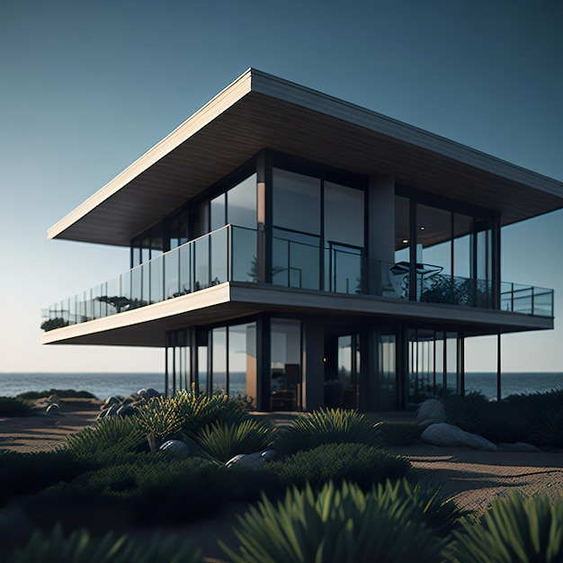Casa di lusso con design moderno sulla spiaggia con la luce del giorno