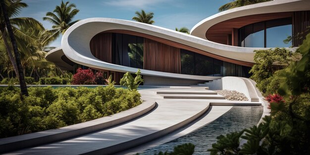 Casa di lusso moderna con intelligenza artificiale generativa con lussureggiante giardino tropicale Villa hotel resort architettonico