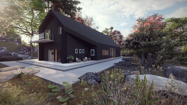 casa di lusso moderna nera con cortile prato su sfondo albero architettura minimalista illustrazione 3d