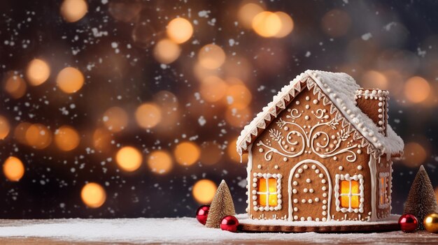 Casa di marzapane di Natale fatta in casa sul tavolo Luci dell'albero di Natale sullo sfondo Cartolina di Natale Design ai