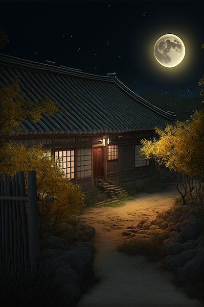 Casa di notte con la luna piena nel cielo generativo ai