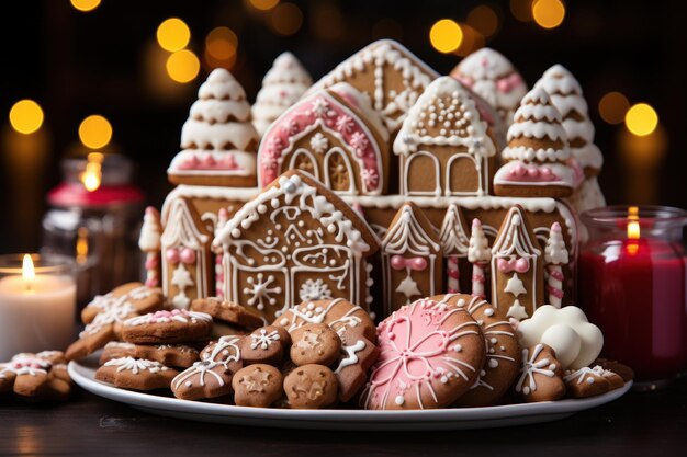 Casa di pan di zenzero circondata da vari biscotti di Natale immagine di Natale