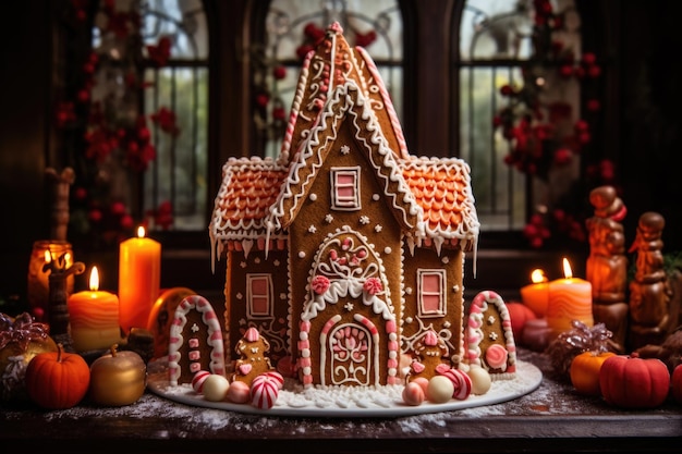 Casa di pan di zenzero decorata con glassa e dolci